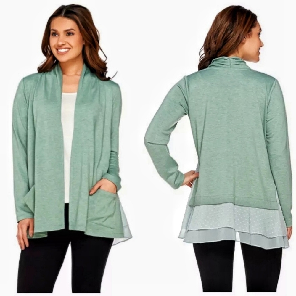 LOGO by Lori Goldstein Lounge Green Mixed Media Cardigan